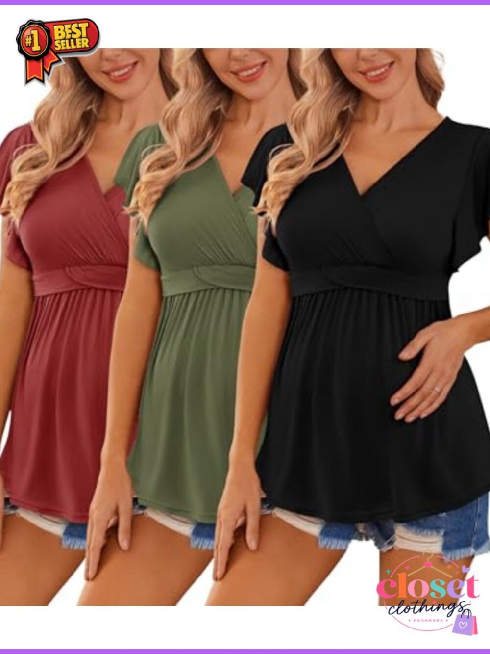Maternity Nursing Tops 3 Pack V-Neck Short Sleeve Pregnancy Shirts